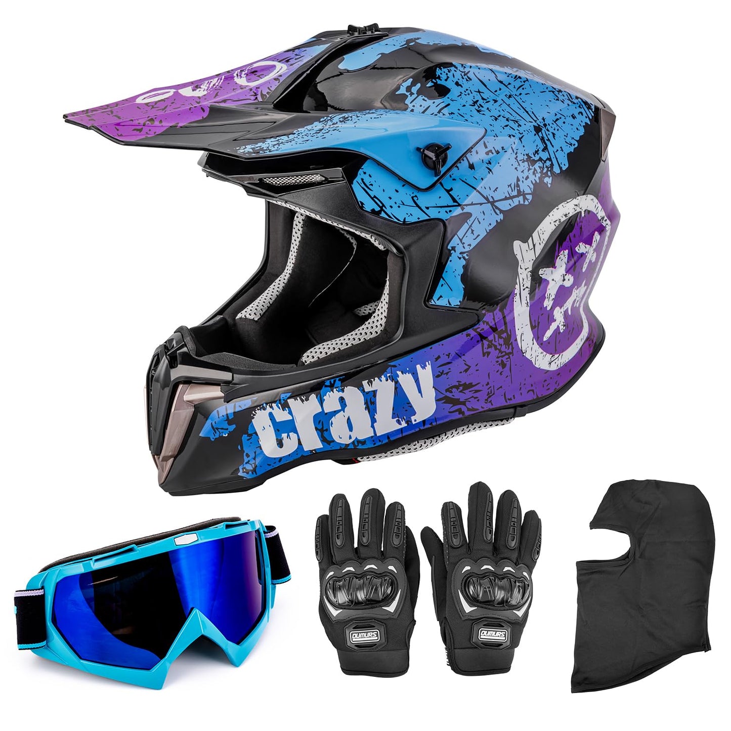 OUMURS Adult ATV Dirt Bike Helmet with Gloves & Mask Adjustable Sun Visor Motorcycle Adult Helmet Off-Road Motocross Downhill Moped MX for Unisex-Adult-Crazy Blue, L