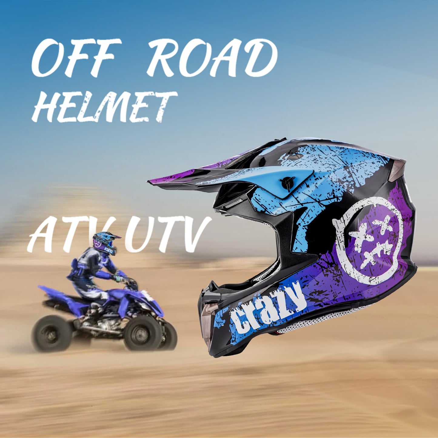 OUMURS Adult ATV Dirt Bike Helmet with Gloves & Mask Adjustable Sun Visor Motorcycle Adult Helmet Off-Road Motocross Downhill Moped MX for Unisex-Adult-Crazy Blue, L