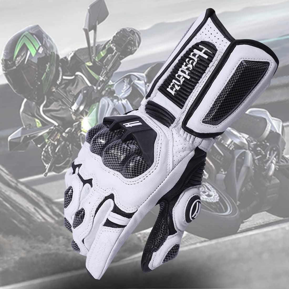 Harssidanzar Men and Women Leather Motorbike Motorcycle Gloves,Powersports Carbon Fiber Knuckle Protection Motorcycles Gloves KM045,White/Black, Size XL