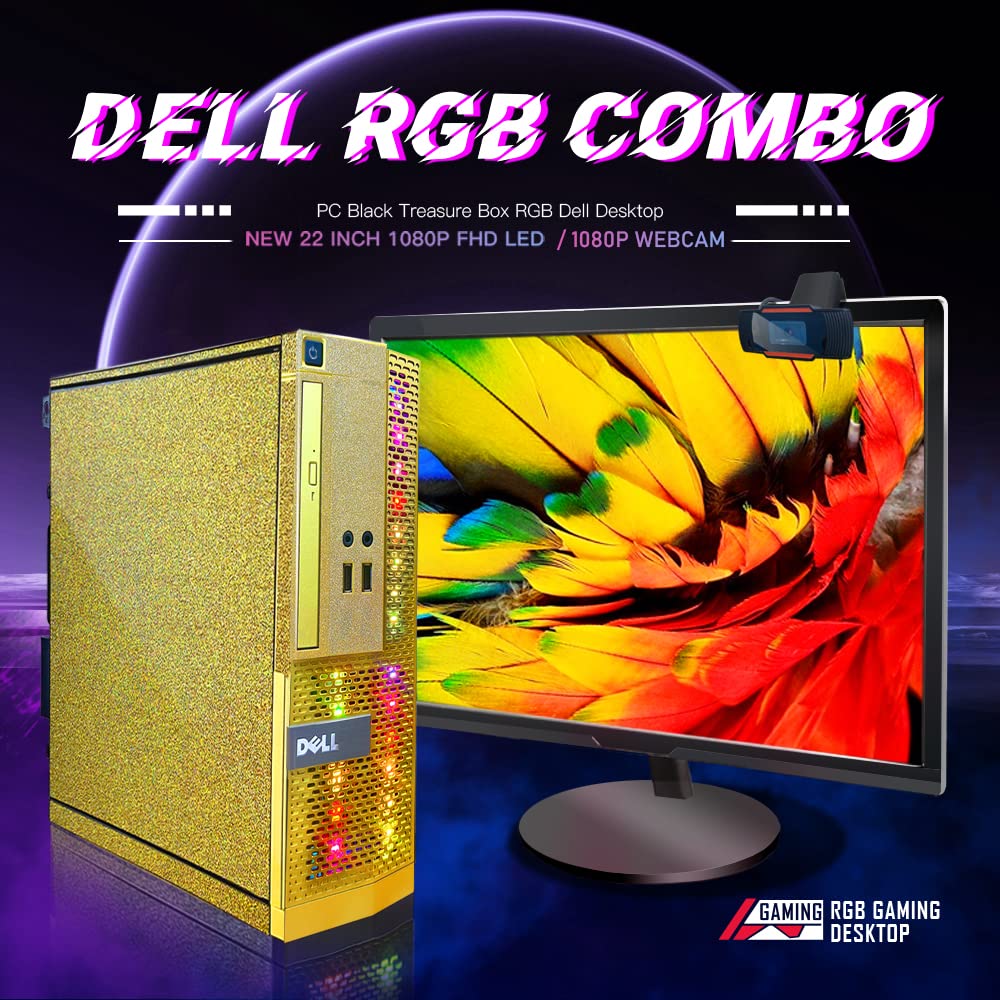 PC Gold Treasure Box RGB Dell Desktop Quad Core I5 up to 3.6G, 16G, 512G SSD, WiFi, Bluetooth 4.0, RGB Gaming Keyboard & Mouse, DVD, New 22" 1080 FHD LED, RGB Sound Bar, Webcam, Win 10 Pro (Renewed)