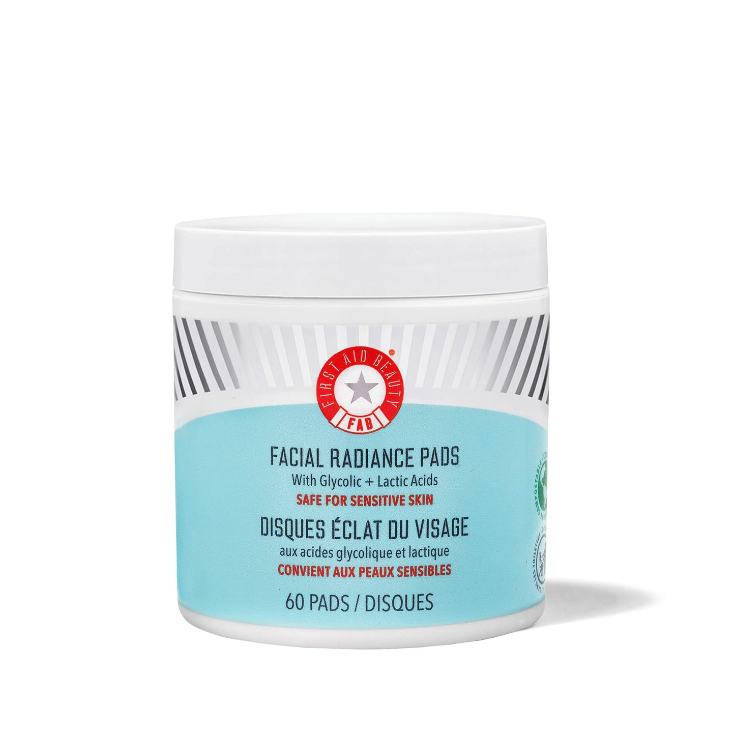 First Aid Beauty - Facial Radiance Pads with Glycolic & Lactic Acids – Daily Exfoliating Pads with AHA that Help Tone & Brighten Skin – Makeup Prep Pads - Compostable for Daily Use – 60 Pads