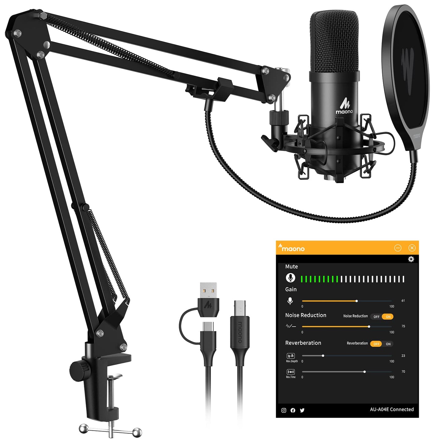 MAONO Podcast Microphone, USB Computer Mic for PC with Software, Boom Arm and Shock Mount for Singing, Recording, Streaming, Gaming, YouTube (AU-A04E) Black