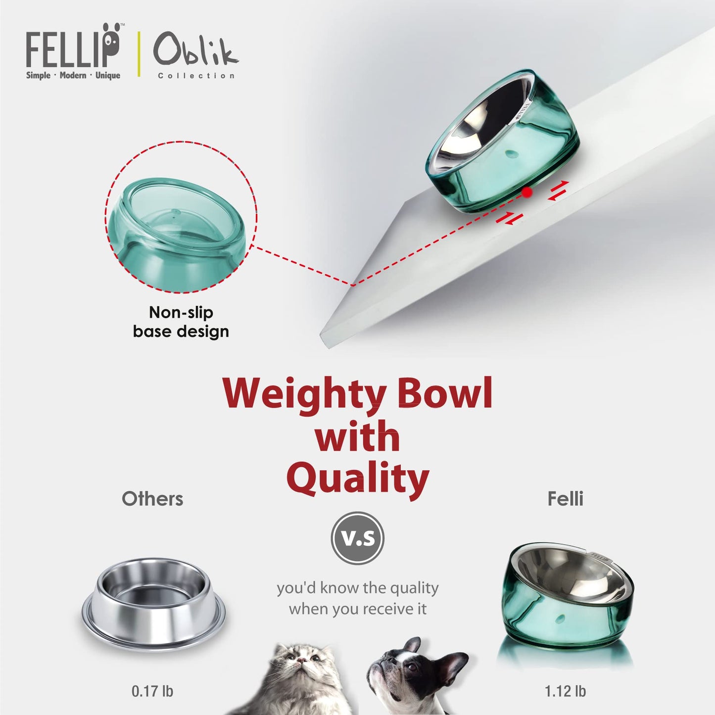 Felli Oblik Elevated Cat Bowl Whisker Fatigue Stainless Steel Shallow Dish, Tilted Anti Vomit, Non Spill Flat Plate for Small Dog Pet, Raised Stand + Metal Feeder for Dry Wet Food (0.5Cup, Classic)