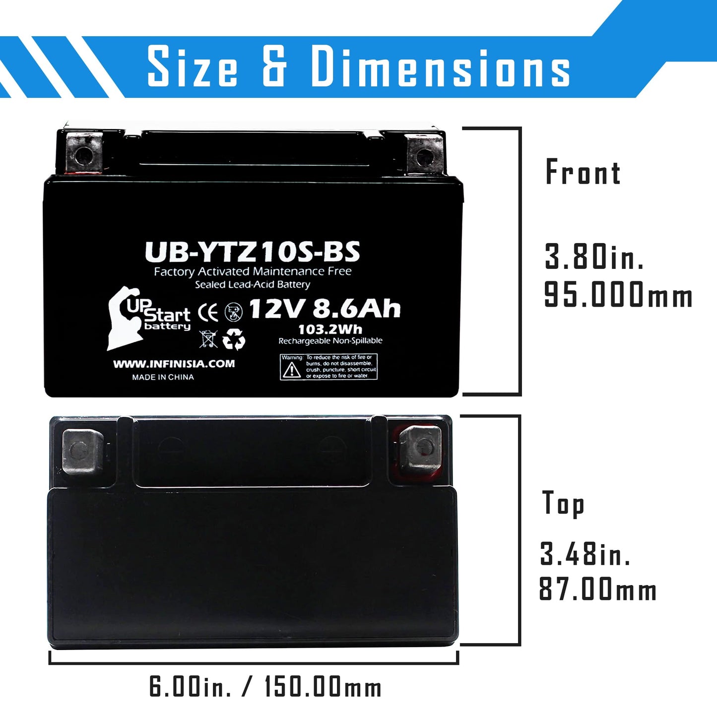 Replacement for 2007 Yamaha YZF-R6 (excl. R6S) 600CC Factory Activated, Maintenance Free, Motorcycle Battery - 12V, 8.6Ah, UB-YTZ10S-BS