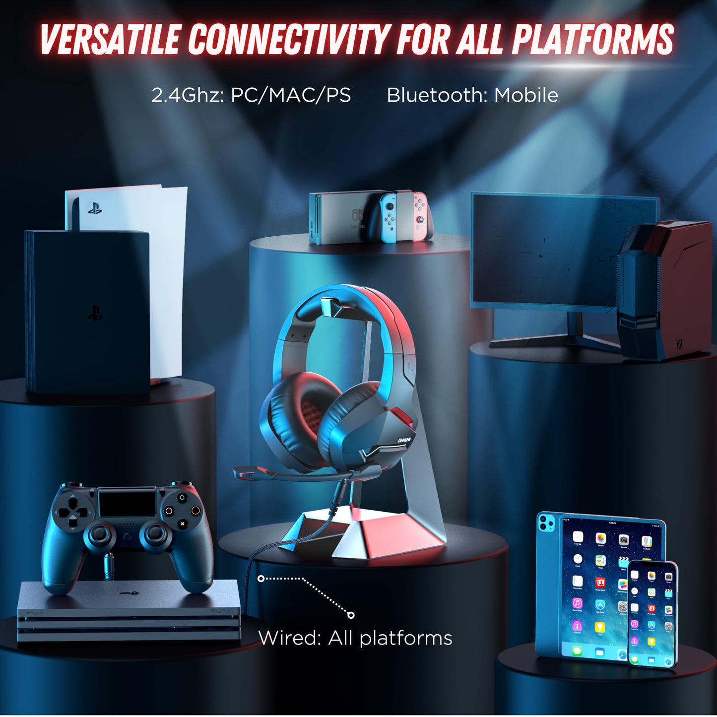 BINNUNE Wireless Gaming Headset with Microphone for PC PS4 PS5, 2.4G Wireless Bluetooth USB Gamer Headphones with Mic for Laptop Computer