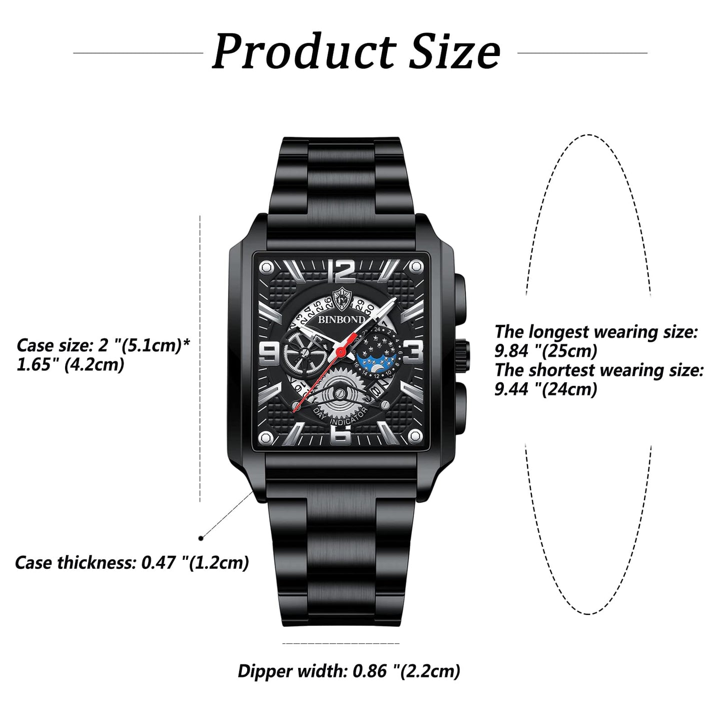 Avaner Men's Stainless Steel Wrist Watch, Analog Quartz Square Watch for Men with Calendar and Luminous Pointers