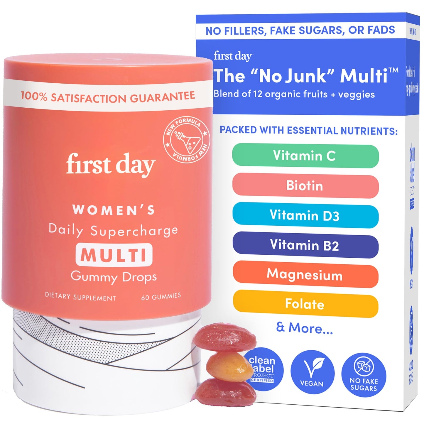 FIRST DAY Women's Methylated Multivitamin Gummies – A, B1, B2, B6, B9, B12, C, D3, E, K2 + Methylfolate, Magnesium, Zinc, Biotin – Vegan, Organic Blend, Low Sugar – Hair, Skin, & Energy Aid – 30 Day