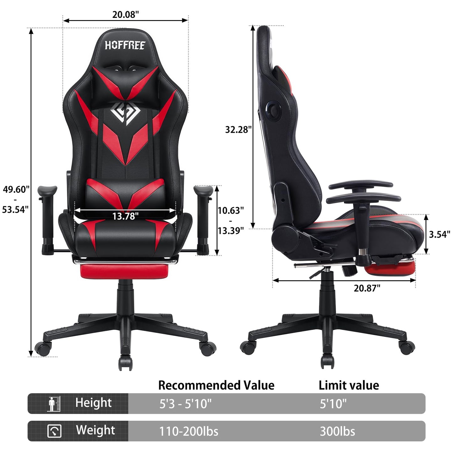 HOFFREE RGB Gaming Chair with Bluetooth Speakers Racing Gamer Chair Massage and Led Lights Swivel Game Chair with Footrest High Back Computer Desk Chair Red and Black