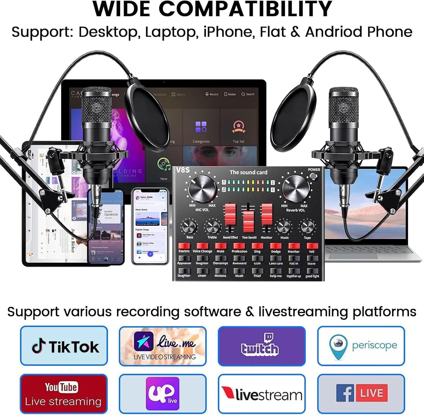 Podcast Equipment Bundle, Audio Interface with Cardioid Designer BM800 Mic for Gamer and All-in-One DJ Mixer, Perfect for Live Streaming, Singing, YouTube, Gaming