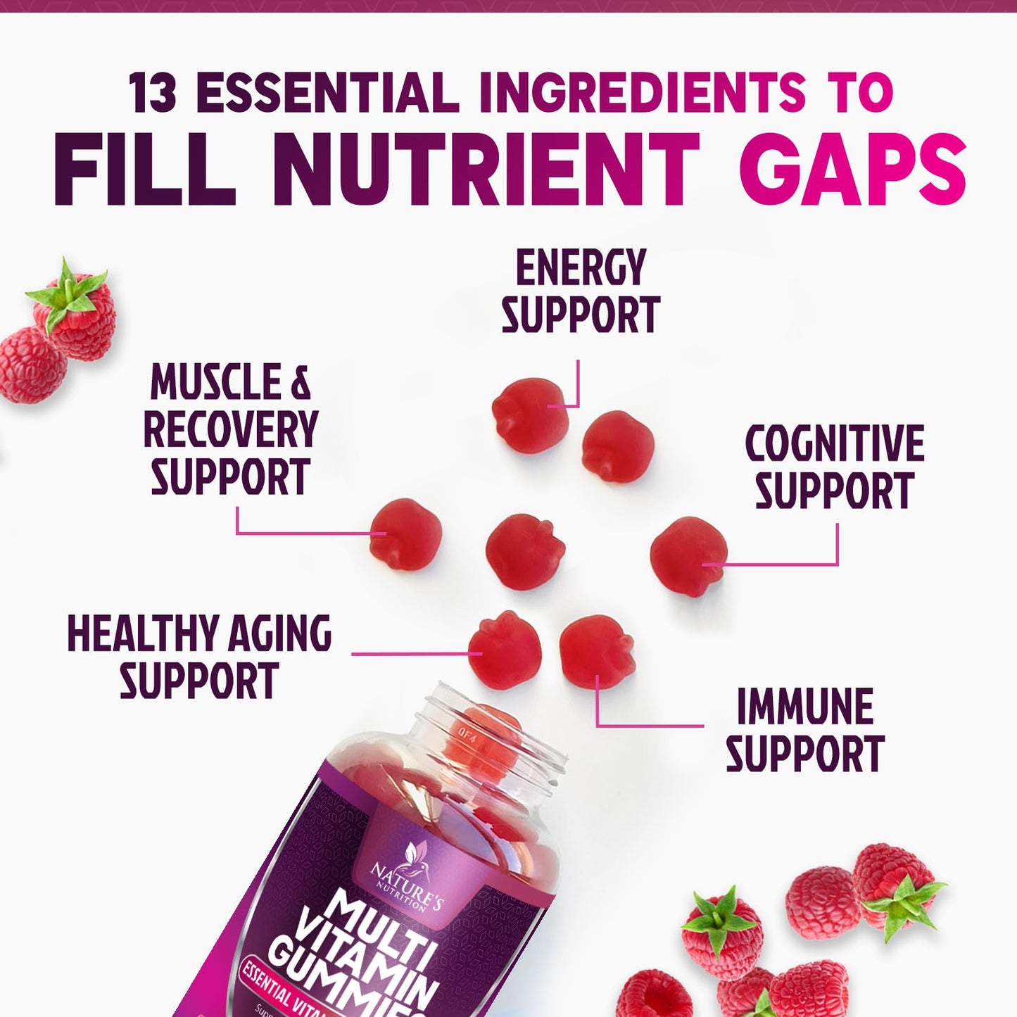 Multivitamin Gummy Vitamins, Berry Flavored Adult Daily Vitamins for Women & Men with Multi Vitamin A, C, D, E, B6, B12, Zinc & Antioxidants Supplement for Immune Health Support, Non-GMO - 60 Gummies