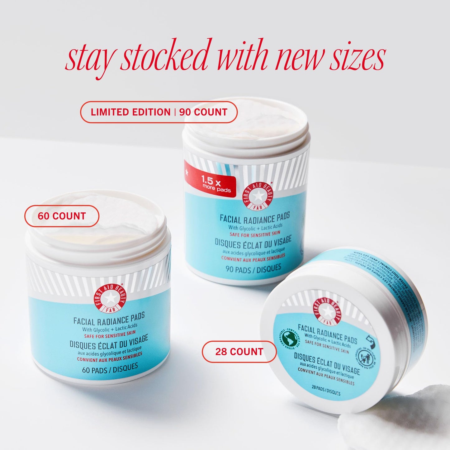 First Aid Beauty - Facial Radiance Pads with Glycolic & Lactic Acids – Daily Exfoliating Pads with AHA that Help Tone & Brighten Skin – Makeup Prep Pads - Compostable for Daily Use – 60 Pads