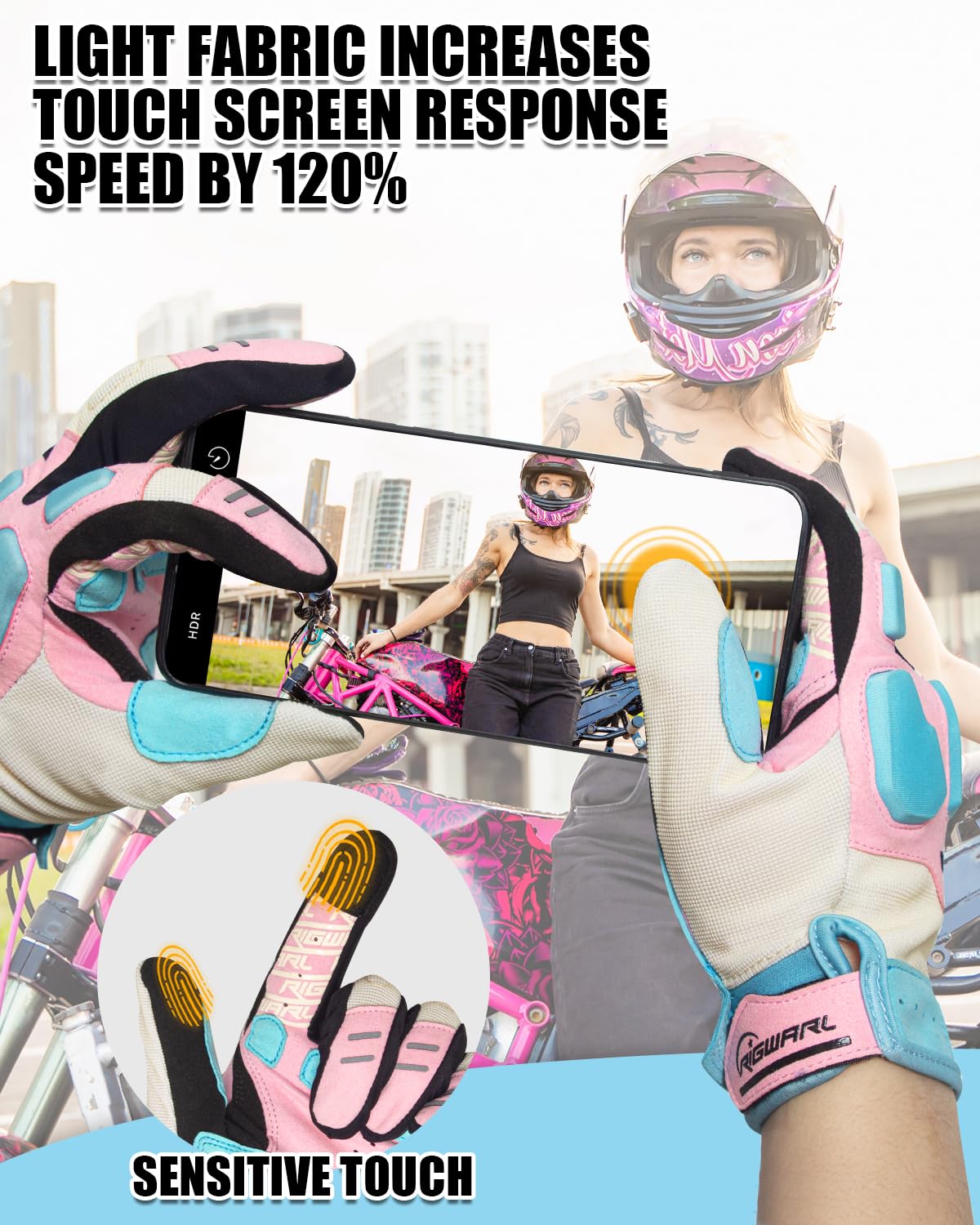 RIGWARL Comfortable Motorcycle Gloves for Women, EUDE Anti-Fall Protection Mountain Bike Gloves, Ultra-Thin and Breathable Bike Gloves with Touchscreen Fingers