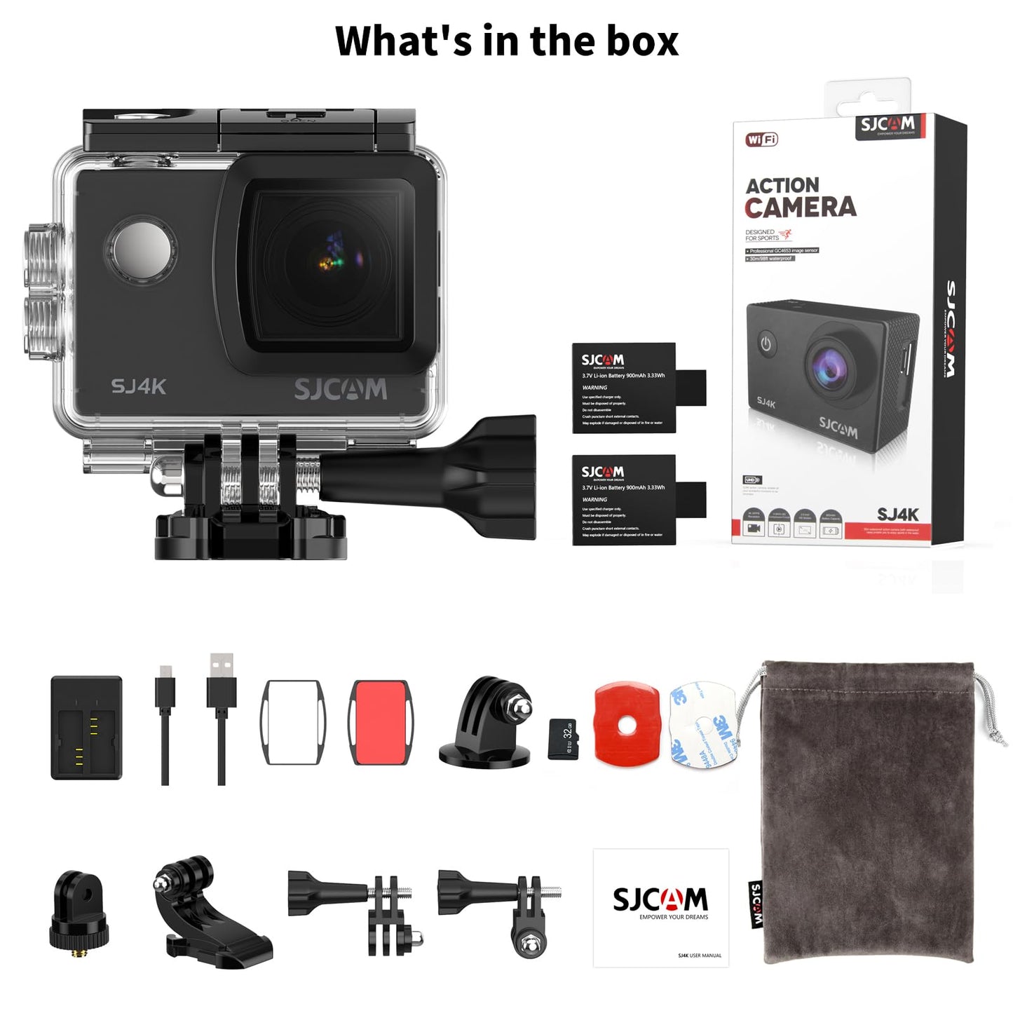 SJCAM SJ4000 Action Camera 4K, 40MP Waterproof Camera Underwater, OIS Stabilization Motorcycle Sport Camera, 170°FOV, 5X Zoom, Dual Batteries, 32G SD Card and Helmet Mount Accessories Kits