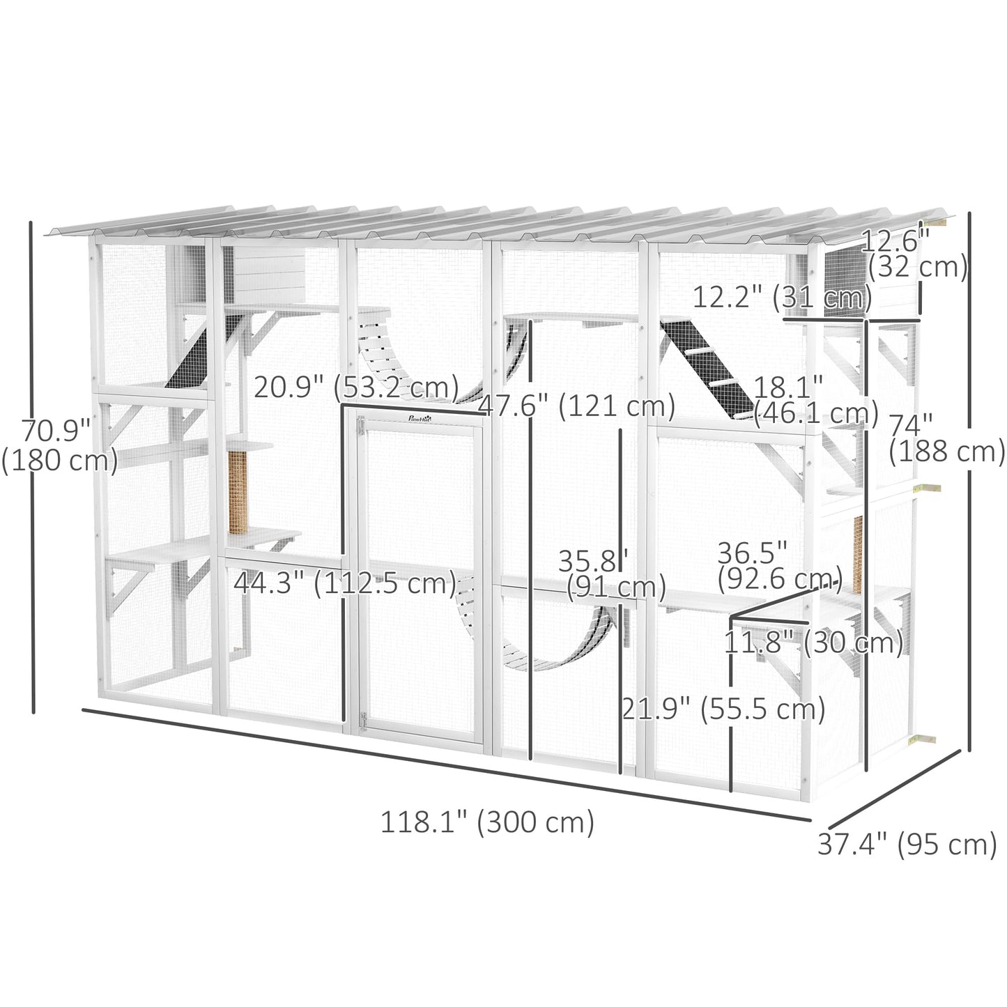 PawHut Catio Playground Cat Window Box Outside Enclosure, Outdoor Cat House with Weather Protection Roof for Multiple Kitties, Wooden Frame, Shelves & Bridges, 118" x 37.5" x 74", White