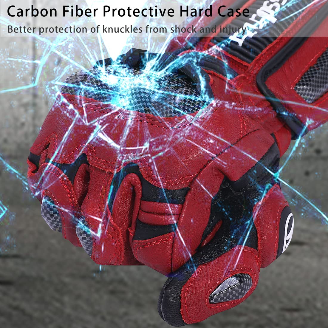 Harssidanzar Leather Motorcycle Gloves for Men and Women,Powersports Carbon Fiber Knuckle Protection Motorbike Gloves KM045,Oxblood/Black, Size M