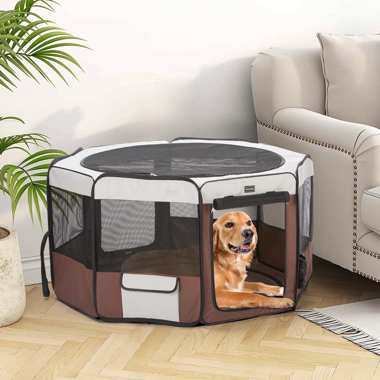 DONORO Dog Playpen 29" Portable Pet Play Pens for Small Dog/Cat/Rabbit/Chicks, Cat Playpen Indoor/Outdoor with Carring Case, Removable Zipper Top and Bottom (Brown, Small (29"x29"x15"), 8)