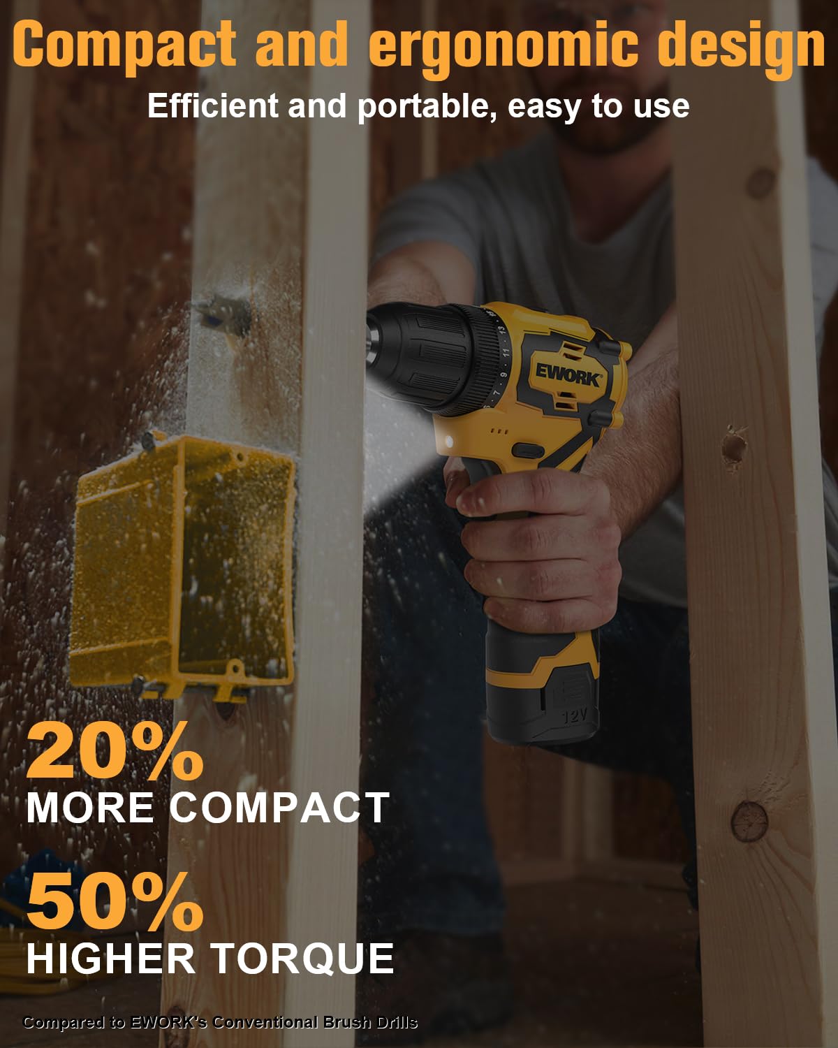 EWORK Compact Cordless Drill and Impact Driver Combo Kit 12V Brushless Small Power Tool Set with (2) 2.0Ah Batteries and Fast Charger, Tool Bag (EKC-12BLA)