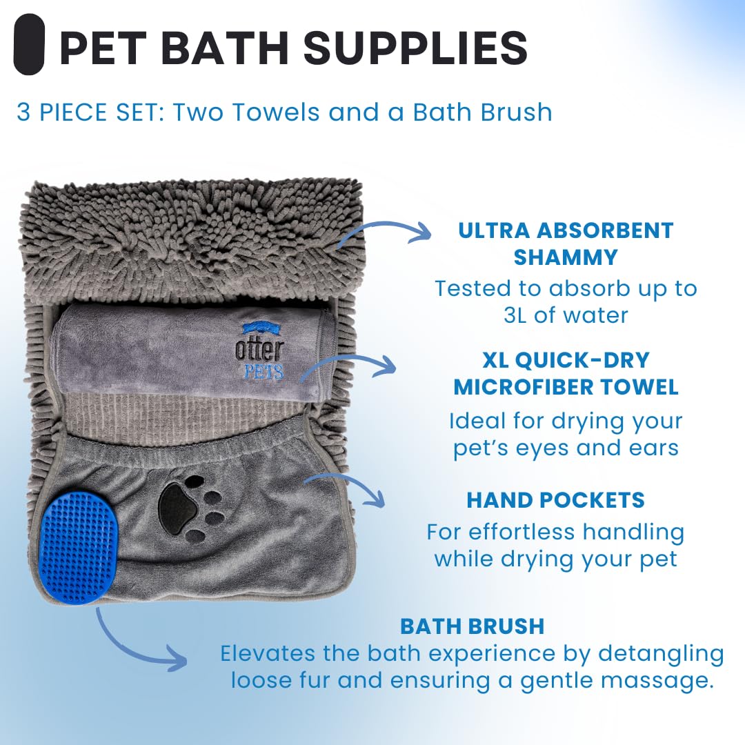 OtterPets 3 Piece Set: 2 Dog Towels and Dog Bath Brush. Dog Shammy and Microfiber Dog Towel. Super Absorbent Towels, Dog Bath Supplies, Dog Scrubber for Bath
