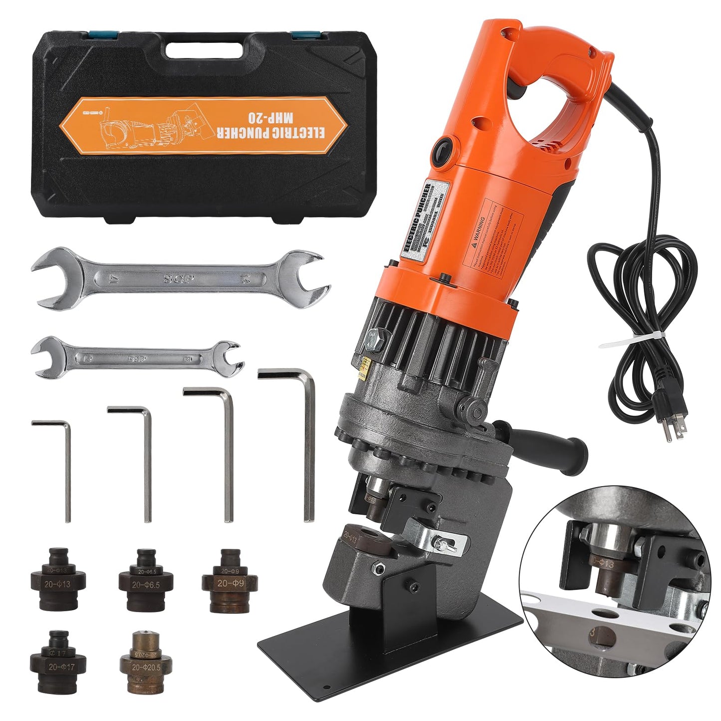 Electric Hydraulic Hole Punch for Metal Φ1/4"-4/5", 1200W 110V Hole Puncher Machine Constuction Tools, Hole Punching with Carbon Brush 5 Dies for Steel Iron Aluminum Plate, Copper