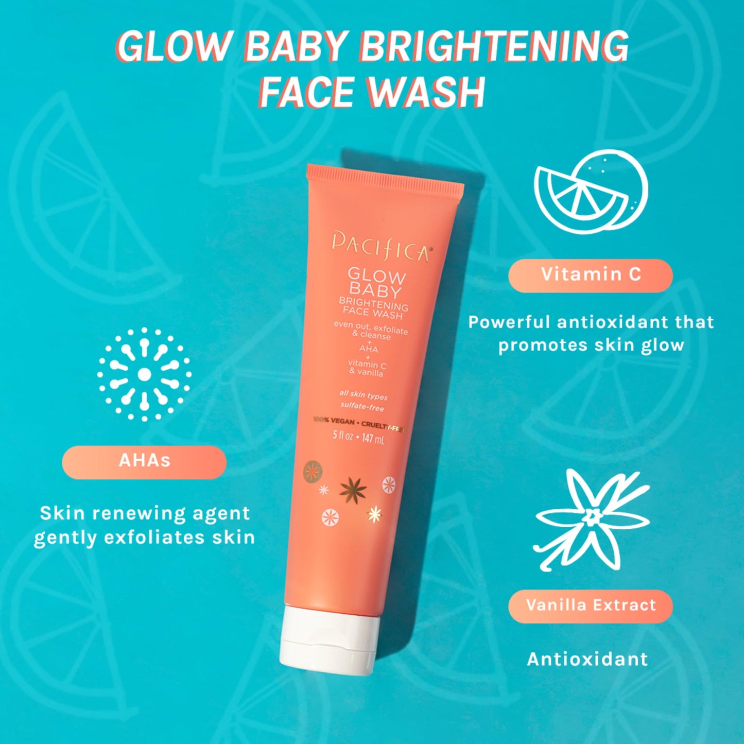 Pacifica Beauty Glow Daily Face Cleanser, Exfoliating, Vitamin C, AHA, Vanilla, For All Skin Types, Sulfate and Paraben Free, Vegan and Cruelty Free, 5 Oz