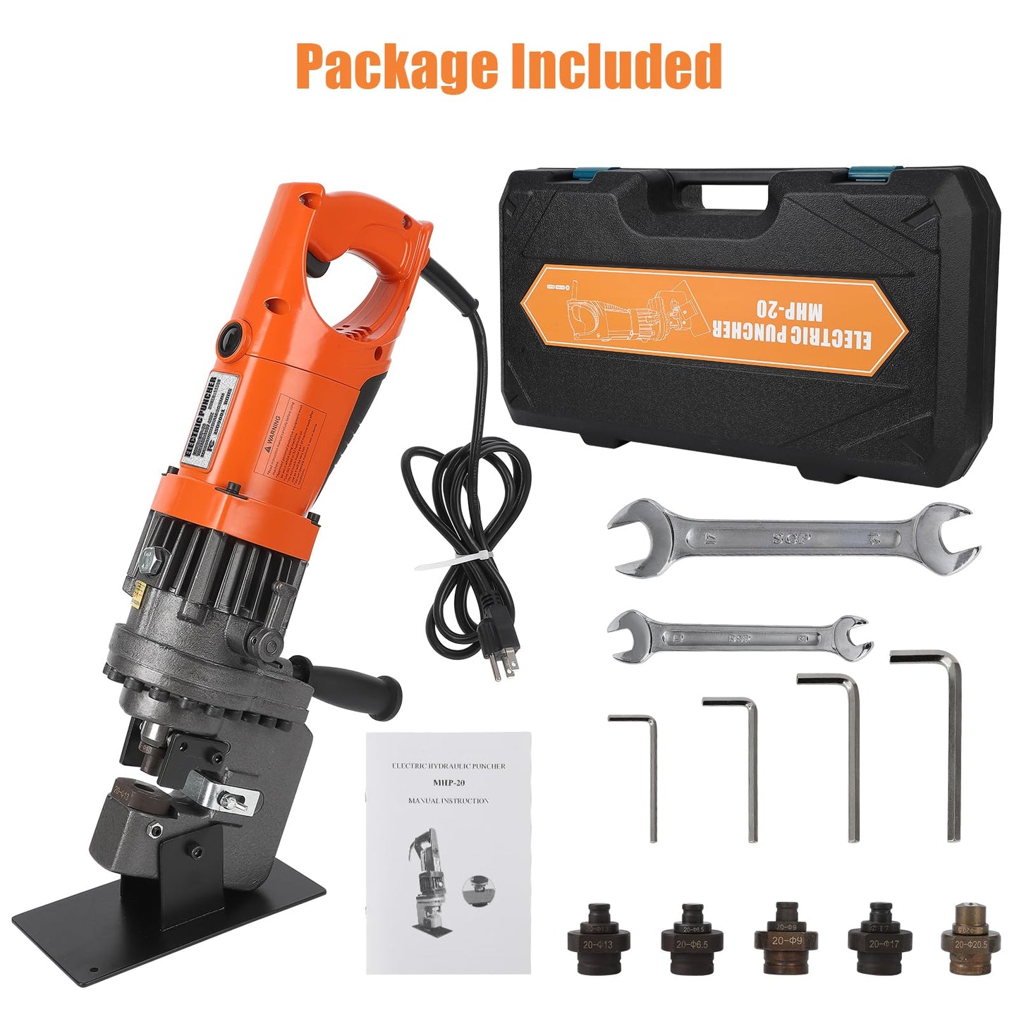 Electric Hydraulic Hole Punch for Metal Φ1/4"-4/5", 1200W 110V Hole Puncher Machine Constuction Tools, Hole Punching with Carbon Brush 5 Dies for Steel Iron Aluminum Plate, Copper