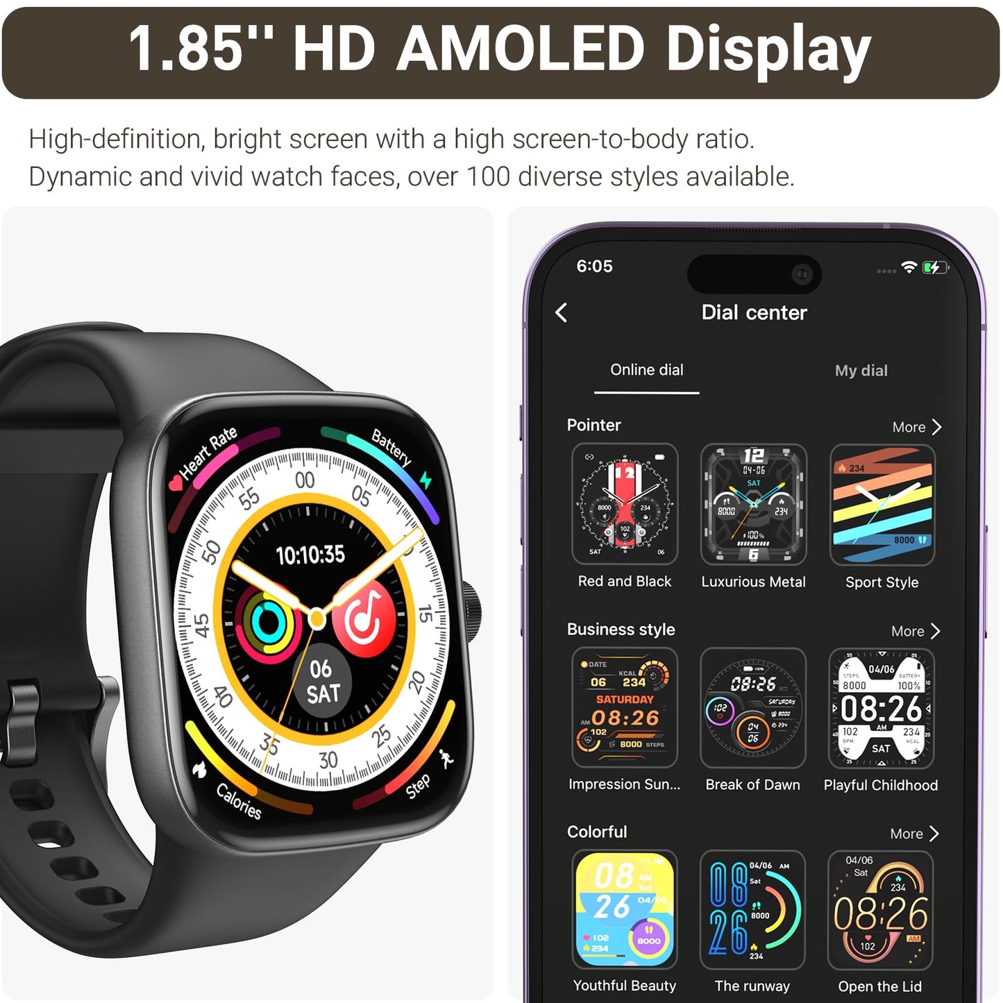 TOZO AMOLED S7 Smart Watch Bluetooth Call 1.85 Inch Ultra HD Screen,Dynamic Dials Messages Push 100+ Sports Modes,Detect Human Health (Heart Rate,Blood Oxygen) with High Battery Life,Touch Function
