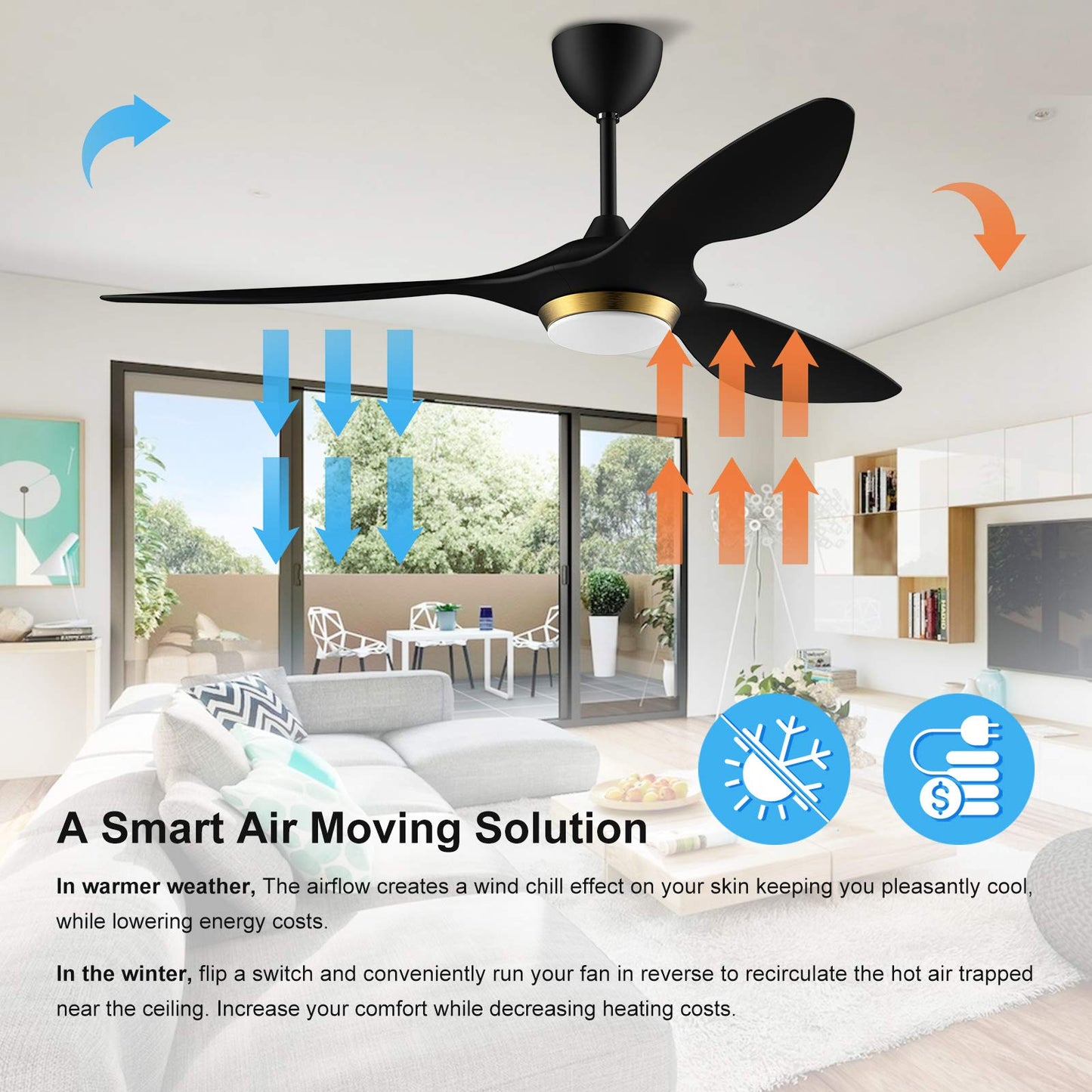 reiga 52 Inch Black Modern Ceiling Fans with Lights and Remote Control, Smart WiFi 3 Blades Quiet DC Motor for Living Room Bedroom Patio Garage, ETL Listed