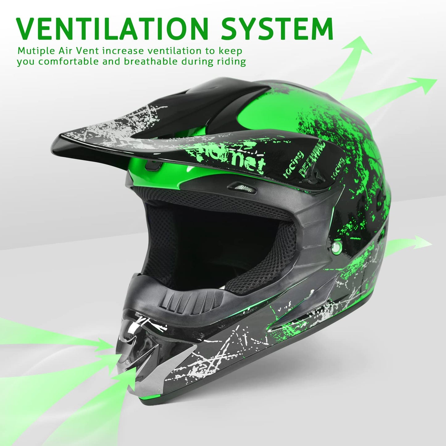 Dirt Bike Helmets Youth Motocross, Motorcycle, BMX, ATV, Off-Road, Four Wheeler, Adult Moutain Bike Helmets Dot Approved (Goggles Gloves Faceshield) (Green, Large)