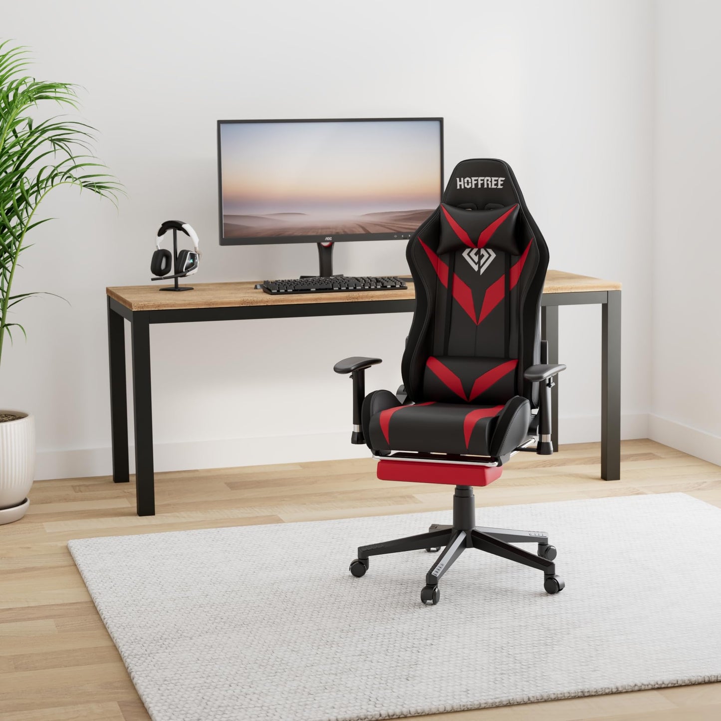 HOFFREE RGB Gaming Chair with Bluetooth Speakers Racing Gamer Chair Massage and Led Lights Swivel Game Chair with Footrest High Back Computer Desk Chair Red and Black