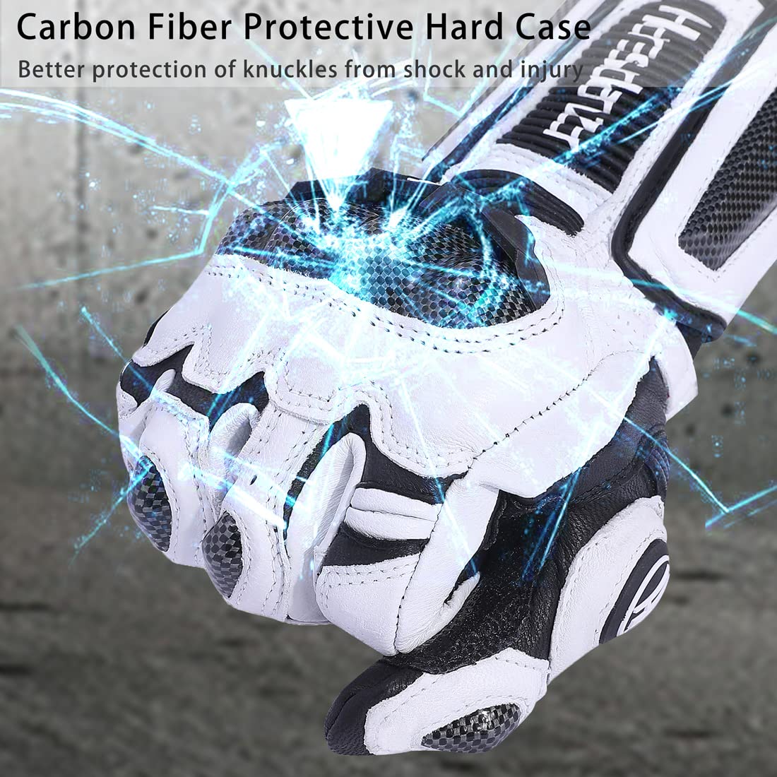 Harssidanzar Men and Women Leather Motorbike Motorcycle Gloves,Powersports Carbon Fiber Knuckle Protection Motorcycles Gloves KM045,White/Black, Size XL
