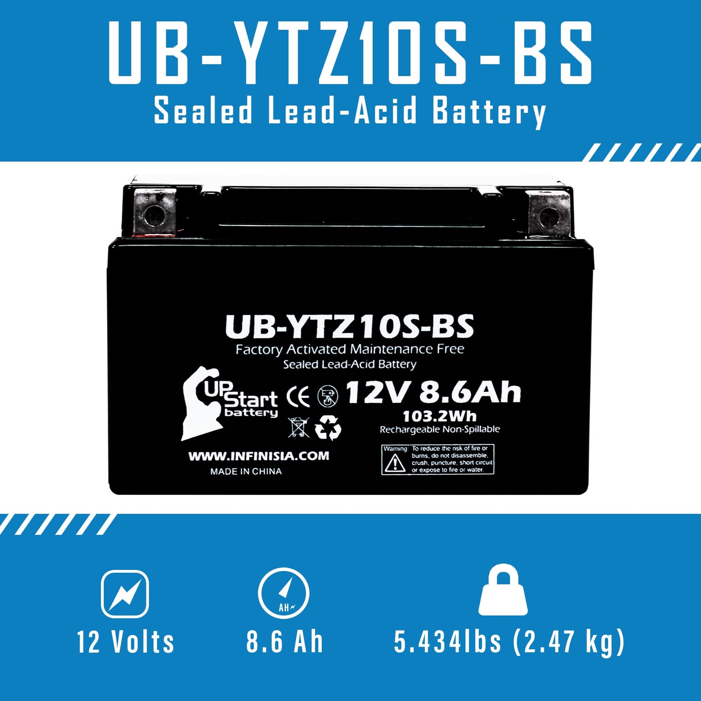 Replacement for 2007 Yamaha YZF-R6 (excl. R6S) 600CC Factory Activated, Maintenance Free, Motorcycle Battery - 12V, 8.6Ah, UB-YTZ10S-BS