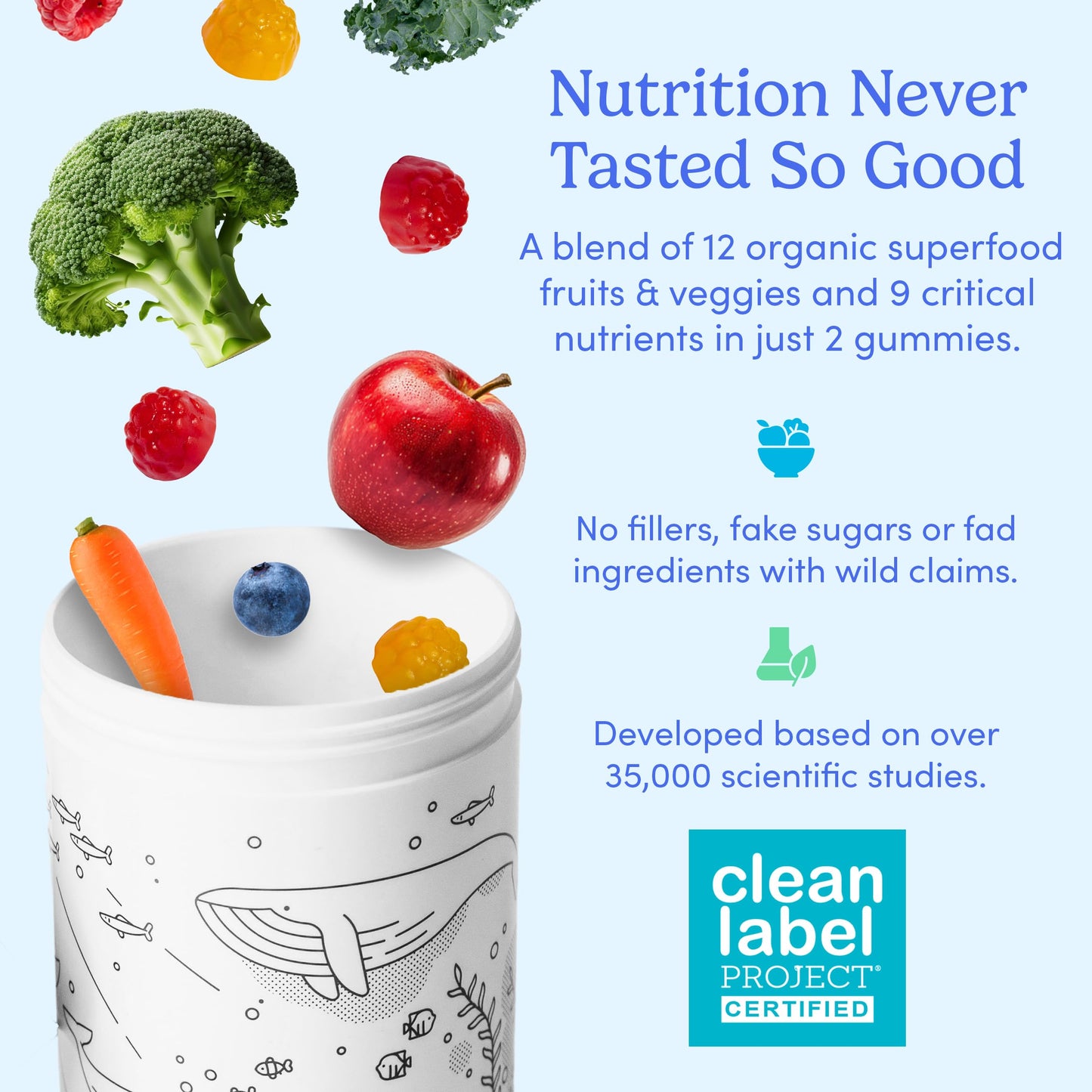 FIRST DAY Kids Essential Multivitamin Gummies, Vitamin A, D3, B6, B12, C, K2 & More + Organic Fruits & Veggies for Growth, Brain, Immunity. Natural Strawberry & Orange Flavor, Low Sugar. 30-Day Supply