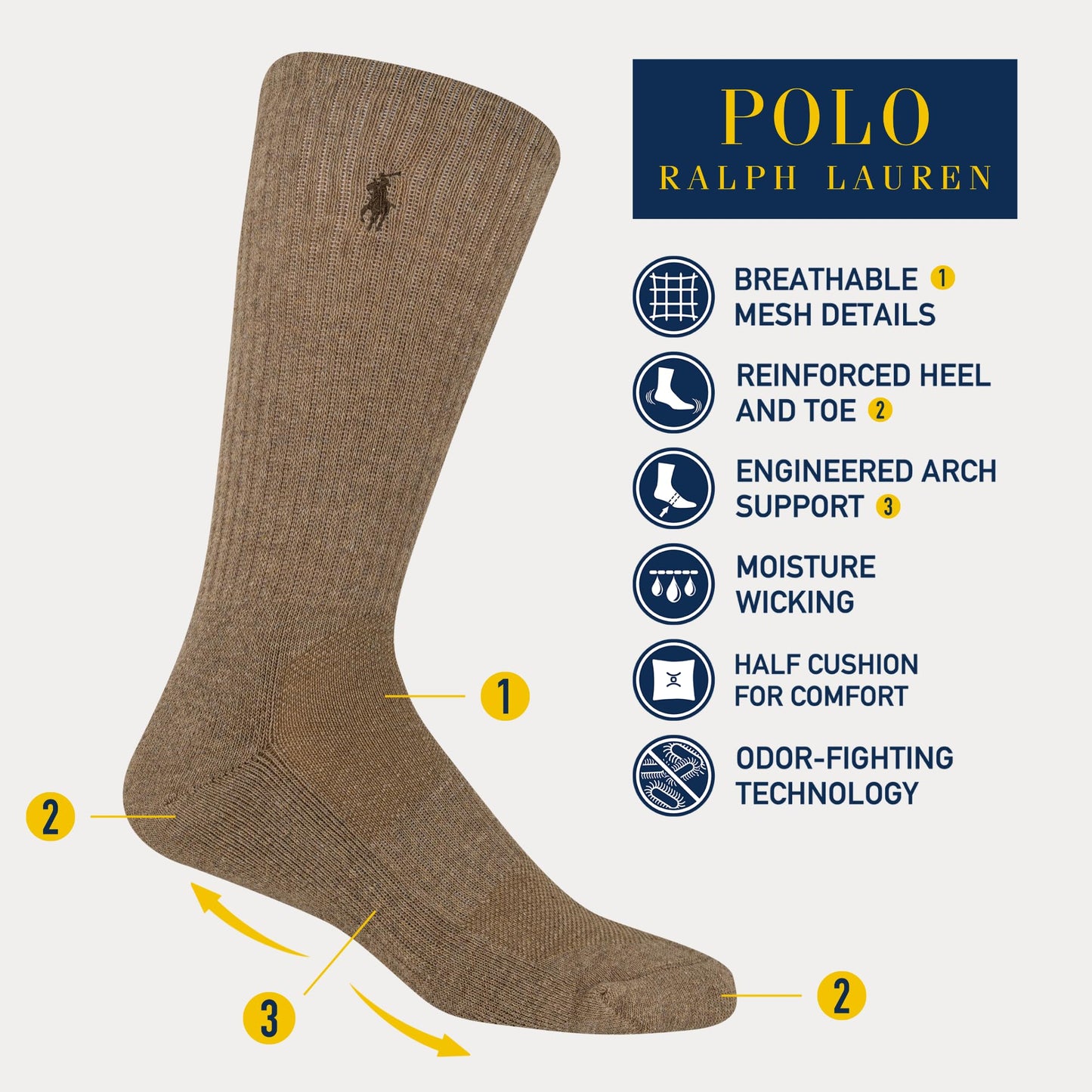 Polo Ralph Lauren Men's Athletic Performance Cotton Crew Socks-6 Pair Pack-Breathable Mesh & Sport Moisture Wicking, Brown, 6-12.5