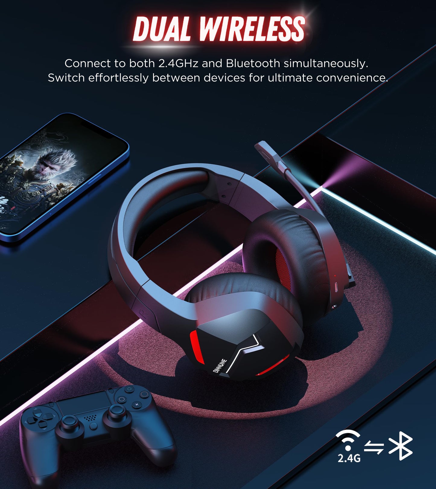 BINNUNE Wireless Gaming Headset with Microphone for PC PS4 PS5, 2.4G Wireless Bluetooth USB Gamer Headphones with Mic for Laptop Computer