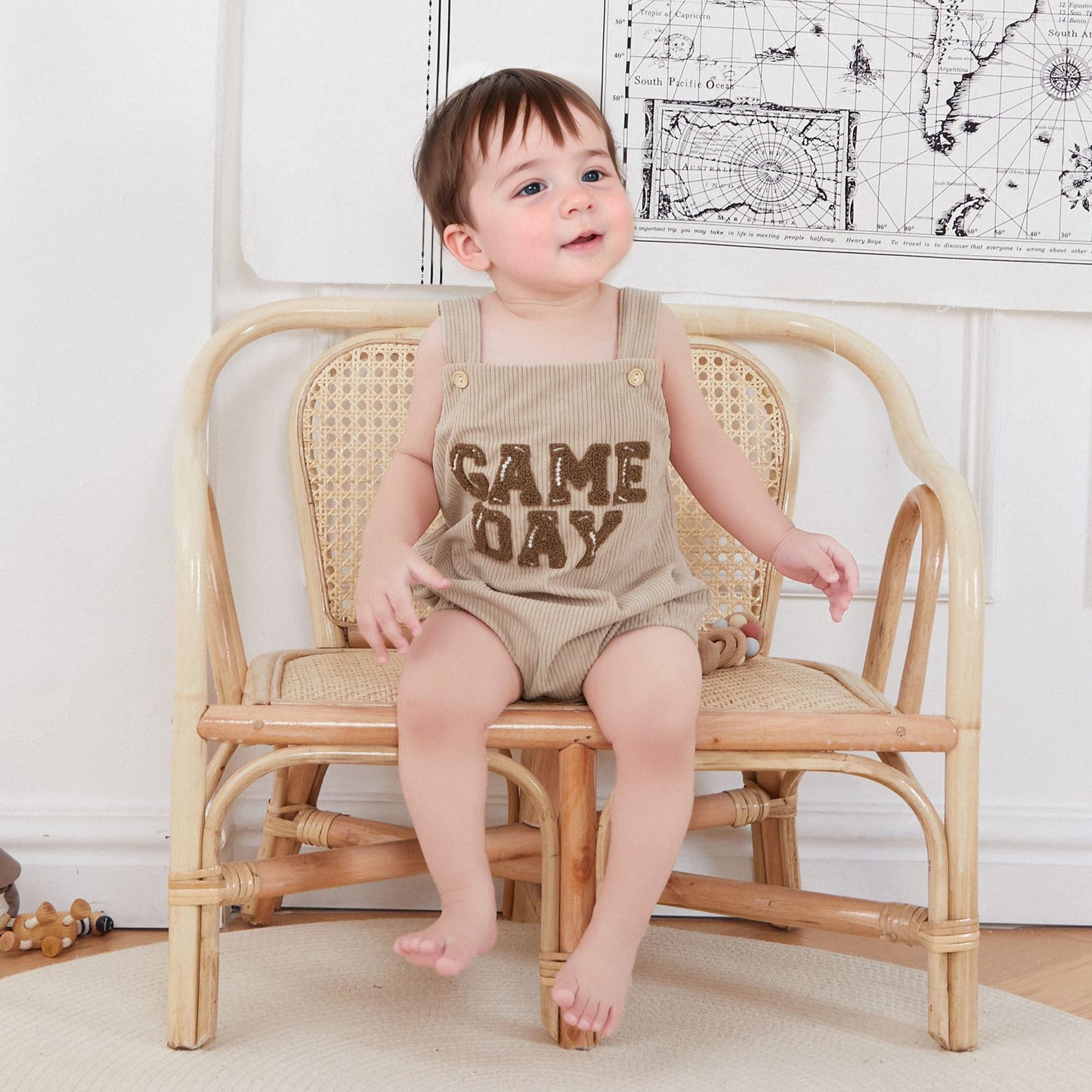 Dewadbow Newborn Football Outfit Boy Girl Football Game Day Embroidery Onesie Overalls Sleeveless Corduroy Romper Clothes (Beige, 12-18 Months)