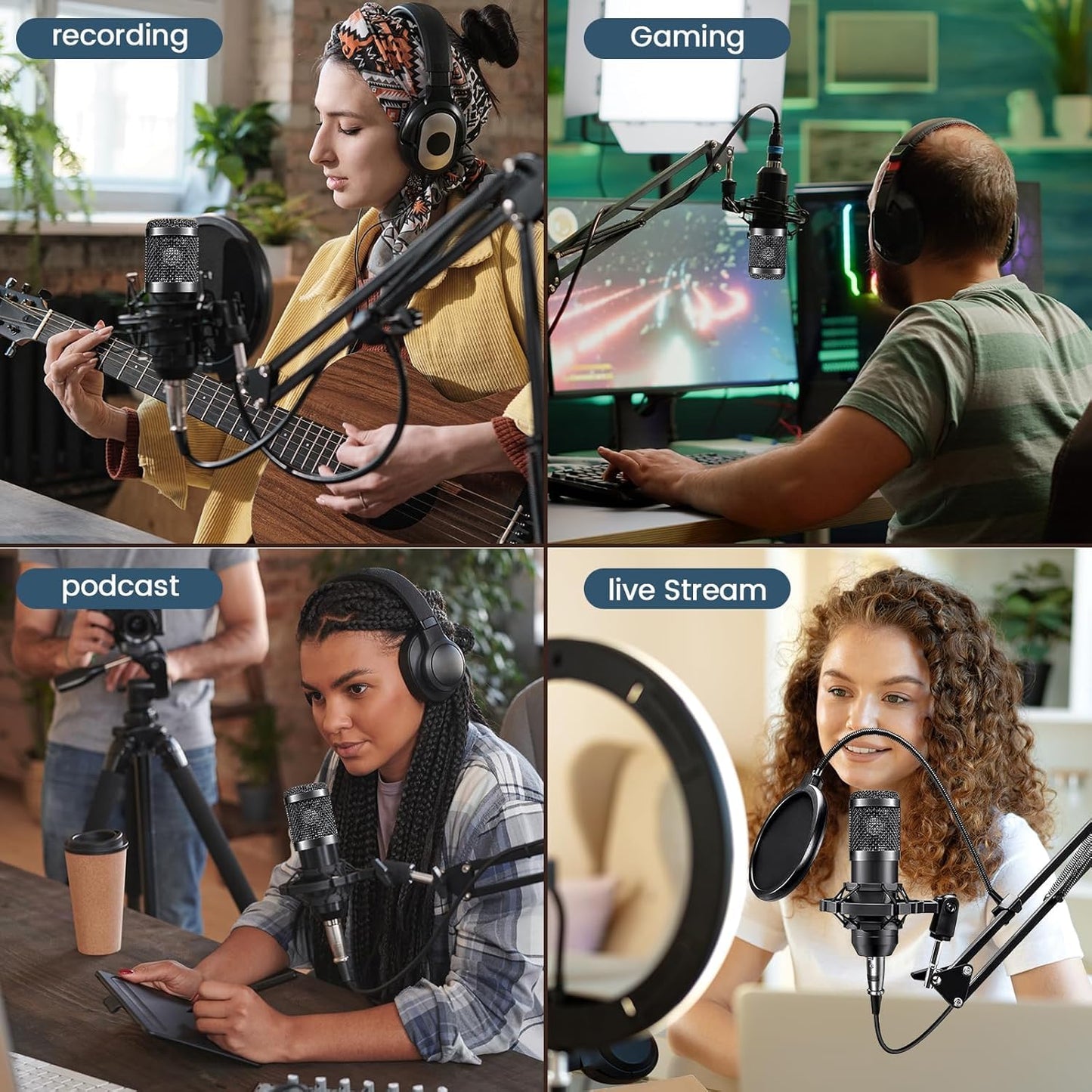 Podcast Equipment Bundle, Audio Interface with Cardioid Designer BM800 Mic for Gamer and All-in-One DJ Mixer, Perfect for Live Streaming, Singing, YouTube, Gaming