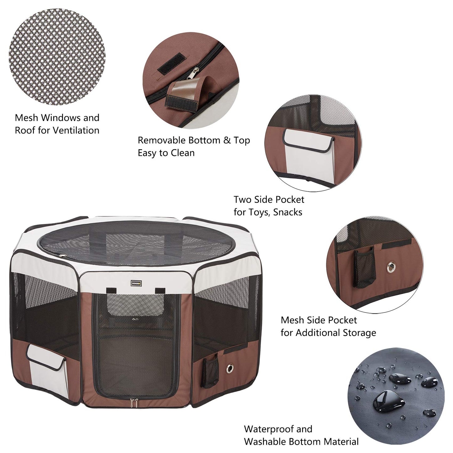 DONORO Dog Playpen 29" Portable Pet Play Pens for Small Dog/Cat/Rabbit/Chicks, Cat Playpen Indoor/Outdoor with Carring Case, Removable Zipper Top and Bottom (Brown, Small (29"x29"x15"), 8)