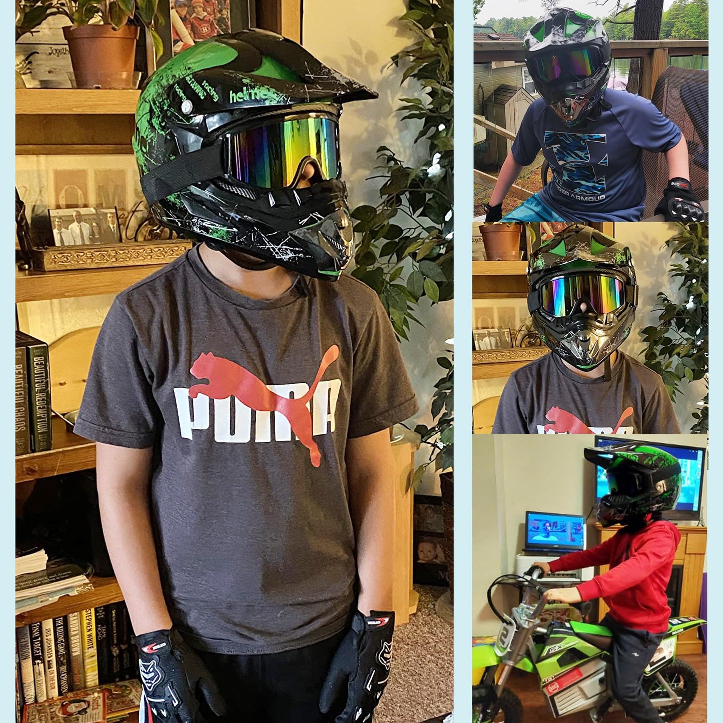 Dirt Bike Helmets Youth Motocross, Motorcycle, BMX, ATV, Off-Road, Four Wheeler, Adult Moutain Bike Helmets Dot Approved (Goggles Gloves Faceshield) (Green, Large)