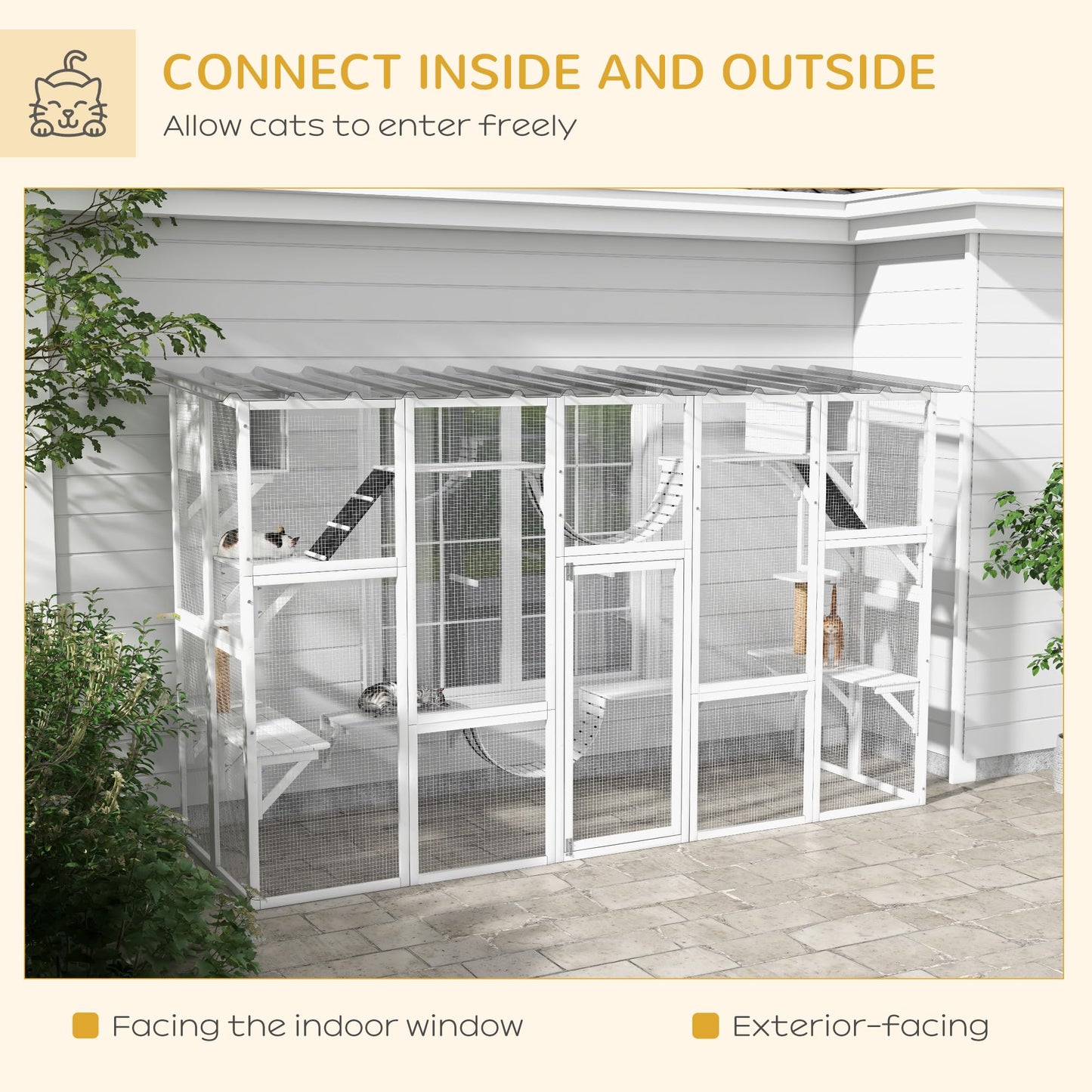 PawHut Catio Playground Cat Window Box Outside Enclosure, Outdoor Cat House with Weather Protection Roof for Multiple Kitties, Wooden Frame, Shelves & Bridges, 118" x 37.5" x 74", White