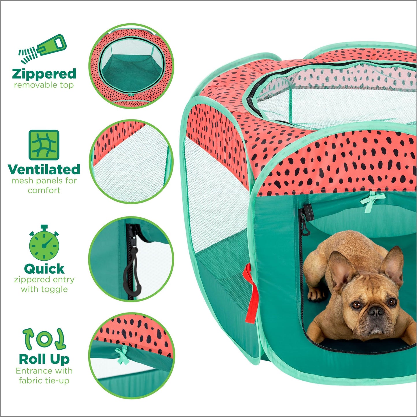 Furhaven Portable Dog Playpen Cat Tent, Pet Playground/Kennel Foldable Indoor Outdoor Zippered Puppy Crate - Green & Pink, Medium