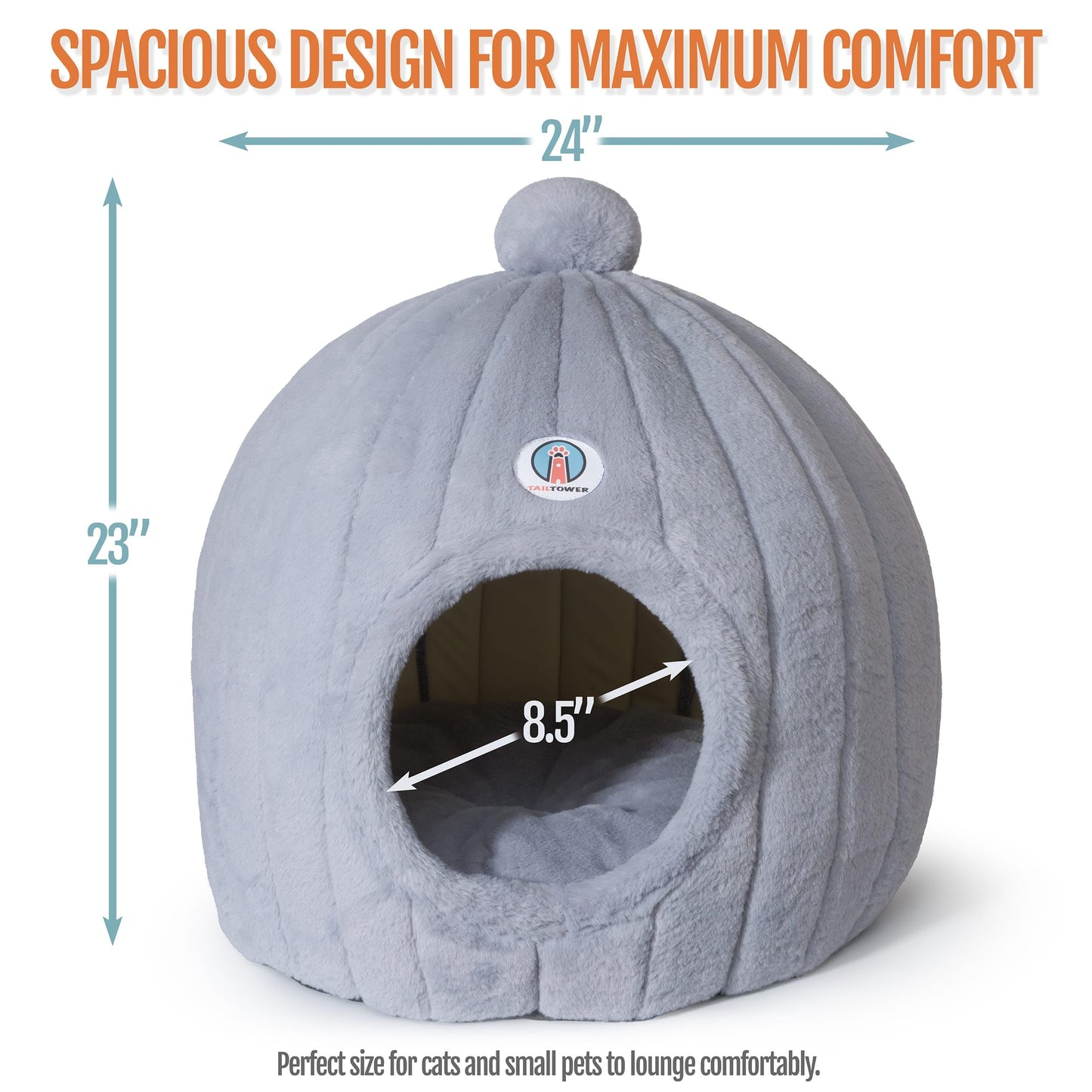 TAILTOWER Largest Cozy Dome Cat Cave Bed – Extra Spacious for Large Cats, Multi-Cat Homes & Small Dogs, Enclosed Plush Hideaway for Indoor Cats (24×23inch, Light Gray)