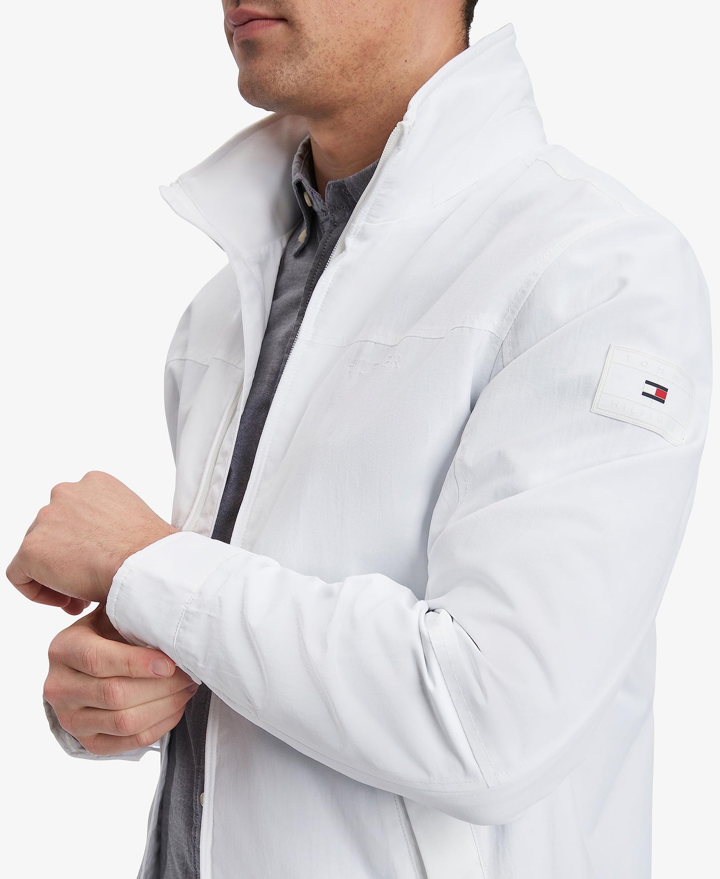 Tommy Hilfiger Men's Lightweight Waterproof Regatta Bomber Jacket, Sustainable Optic White, MEDIUM