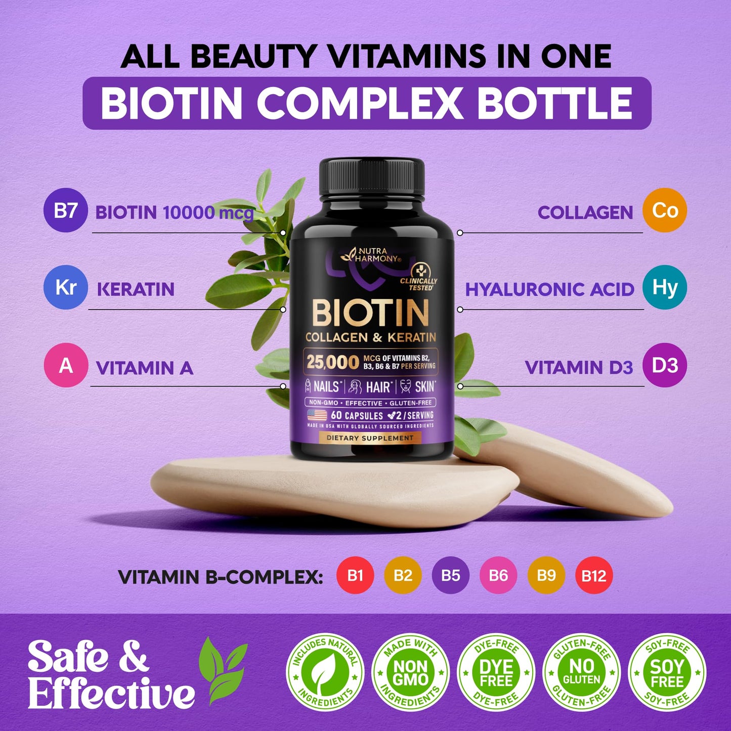 Hair Growth Support Pills with Biotin, Collagen, Keratin, Hyaluronic Acid - 25000mcg - Made in USA