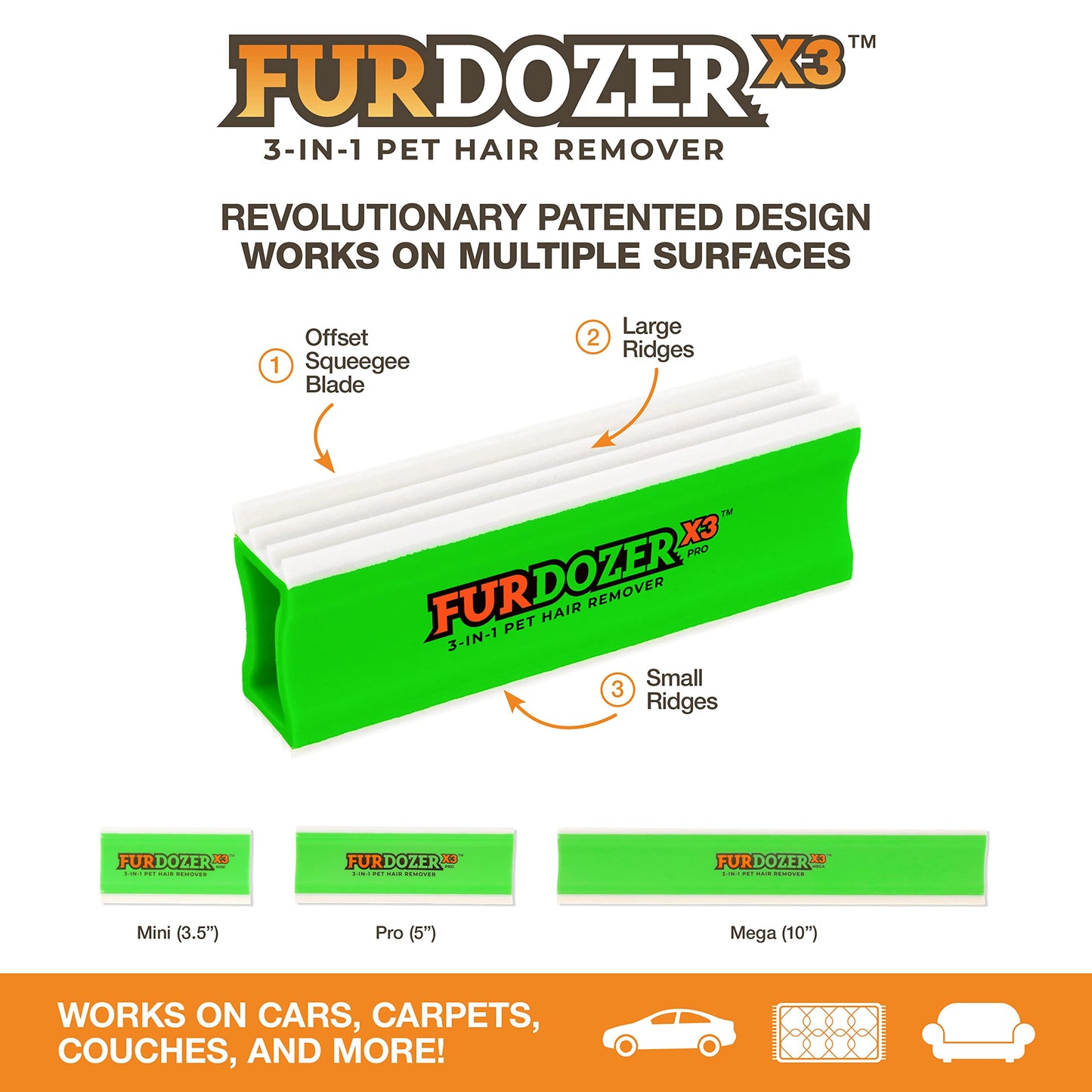 FurDozer X3 PRO Pet Hair Remover & Auto Detailing Tool - Cat & Dog Hair Remover for Carpets, Car Interiors, Couches, Bedding, & Furniture - Reusable Pet Hair Removal Tool for Fur & Lint, 5" (2-Pack)