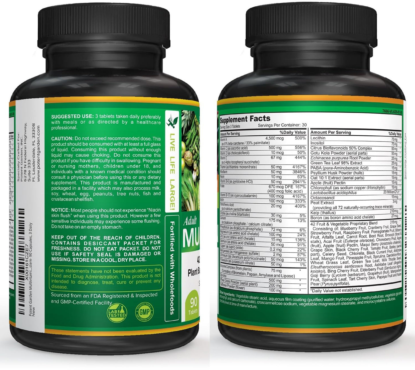 Potent Garden Adult Multivitamin for Women & Men, 42 Fruits & Vegetables Plus Probiotics, Supports Energy Metabolism & Immune System, Daily Multivitamin for Men & Women Non-GMO, 90 Tabs, 30 Servings
