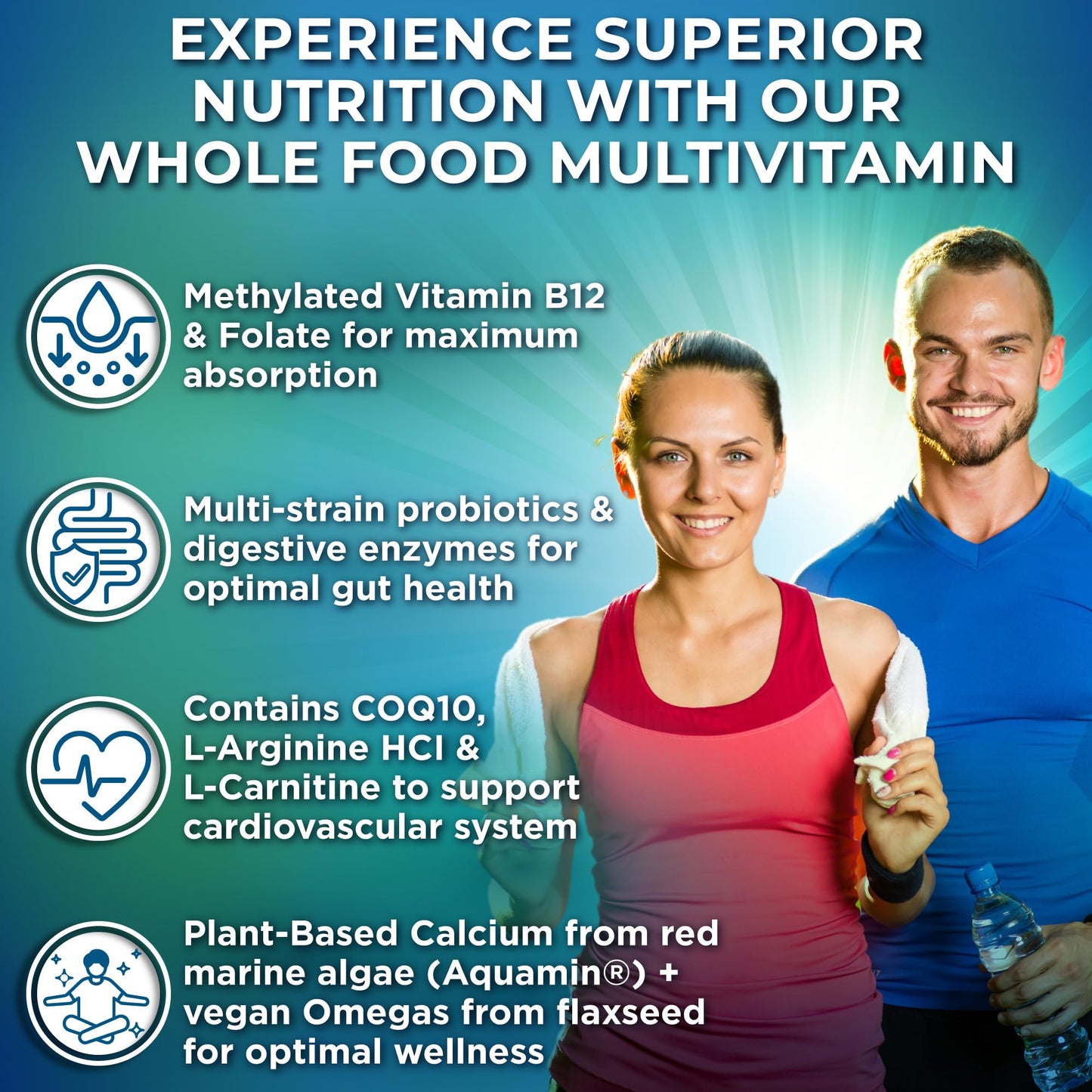 Vegan Whole Food Multivitamin with Iron, Daily Multivitamin for Women and Men, Made with Fruits & Vegetables, B-Complex, Probiotics, Enzymes, CoQ10, Omegas, Turmeric, Non-GMO, 90 Count