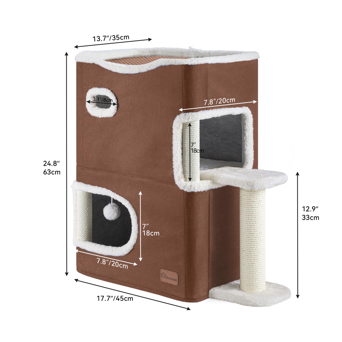 YITAHOME 2-Tier Cat House, Indoor Cat Cave Bed Playhouse, Flannel & Cool Mat, Covered Cat Beds with Scratch Pad and Hideaway Cave, Cute Modern Cat Condo Furniture for Multi Small Cats, Brown