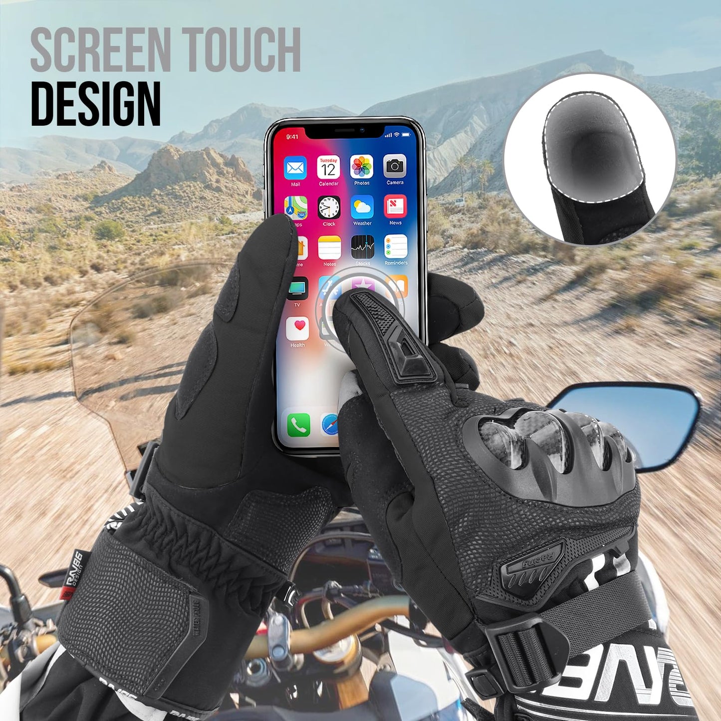 RKV86 Motorcycle Gloves for Men Winter Riding Gloves with Carbon Fiber Protective Motorbike Powersports Racing Gloves with Touchscreen for Outdoor Sports Black L