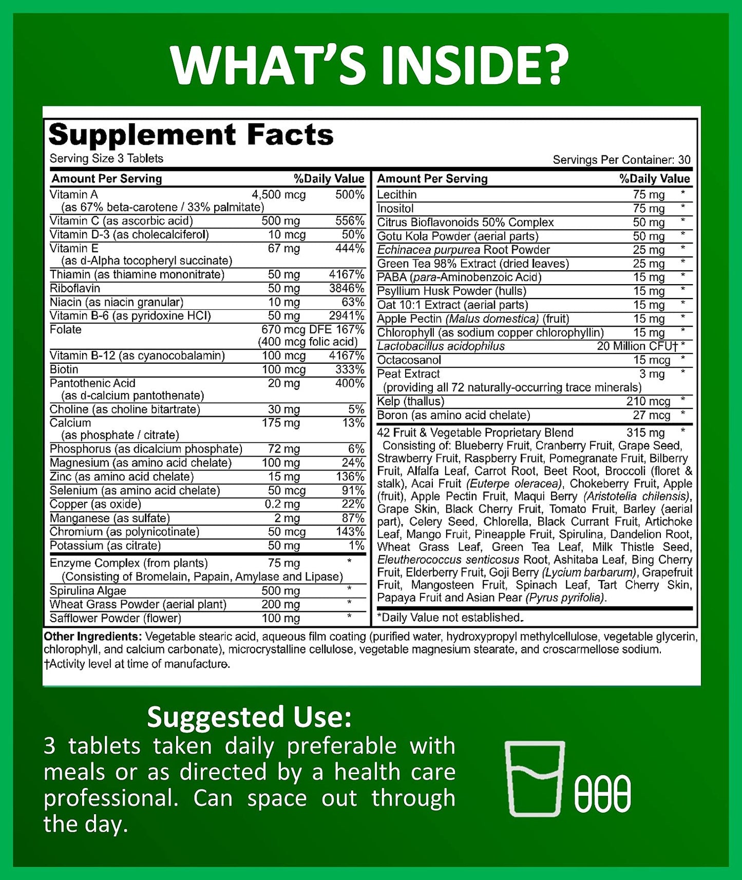 Potent Garden Adult Multivitamin for Women & Men, 42 Fruits & Vegetables Plus Probiotics, Supports Energy Metabolism & Immune System, Daily Multivitamin for Men & Women Non-GMO, 90 Tabs, 30 Servings