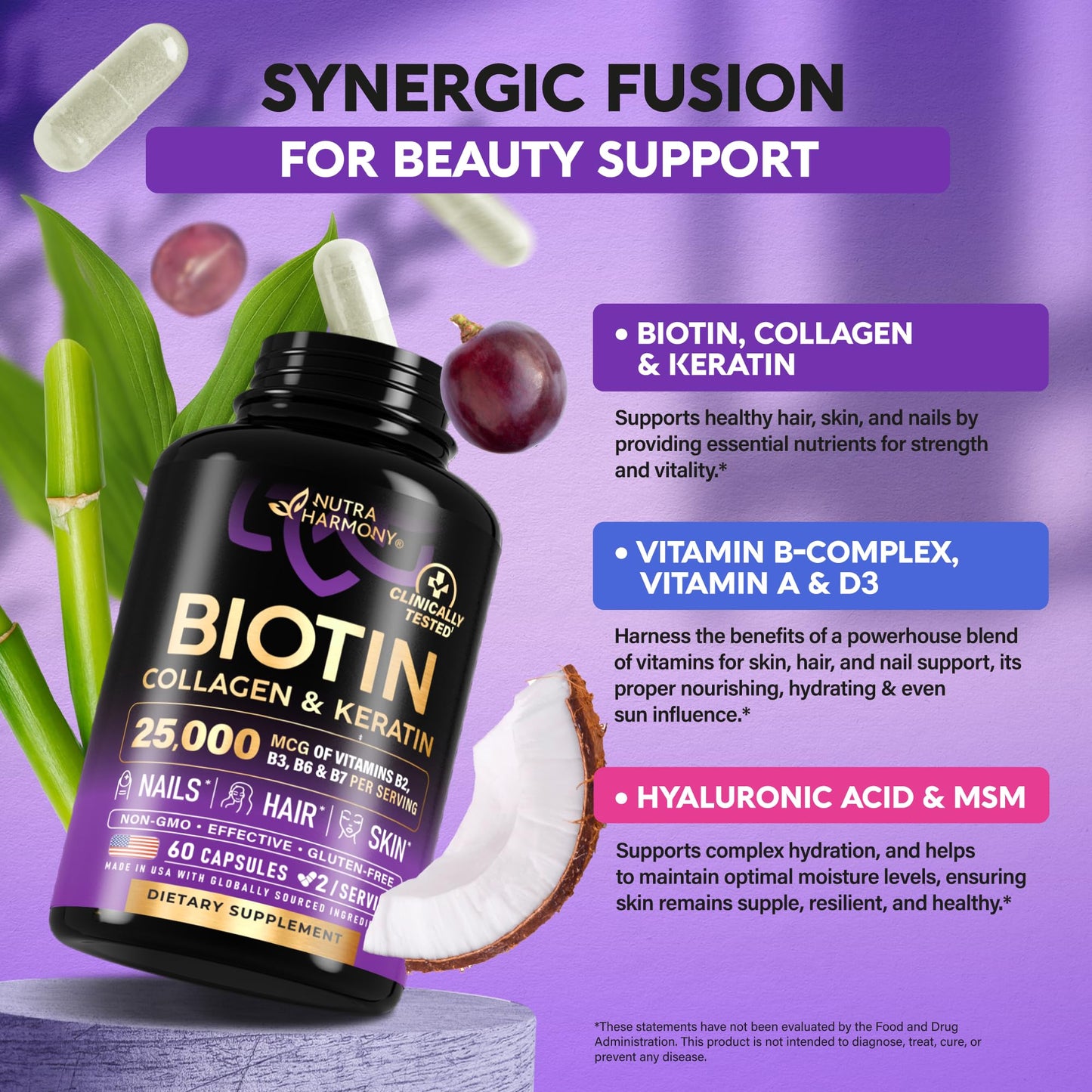 Hair Growth Support Pills with Biotin, Collagen, Keratin, Hyaluronic Acid - 25000mcg - Made in USA